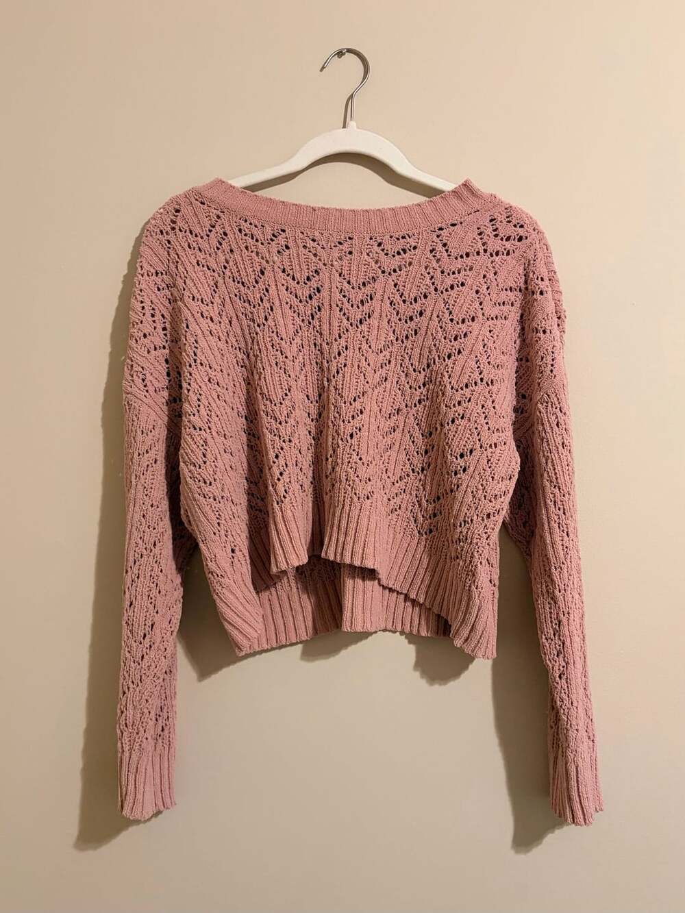 American Eagle Sweater Size S Pink Cropped Open Knit Long Sleeve